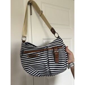 Lily Bloom Striped Crossbody Bag Navy White Stripes  Multiple Pockets Handbag